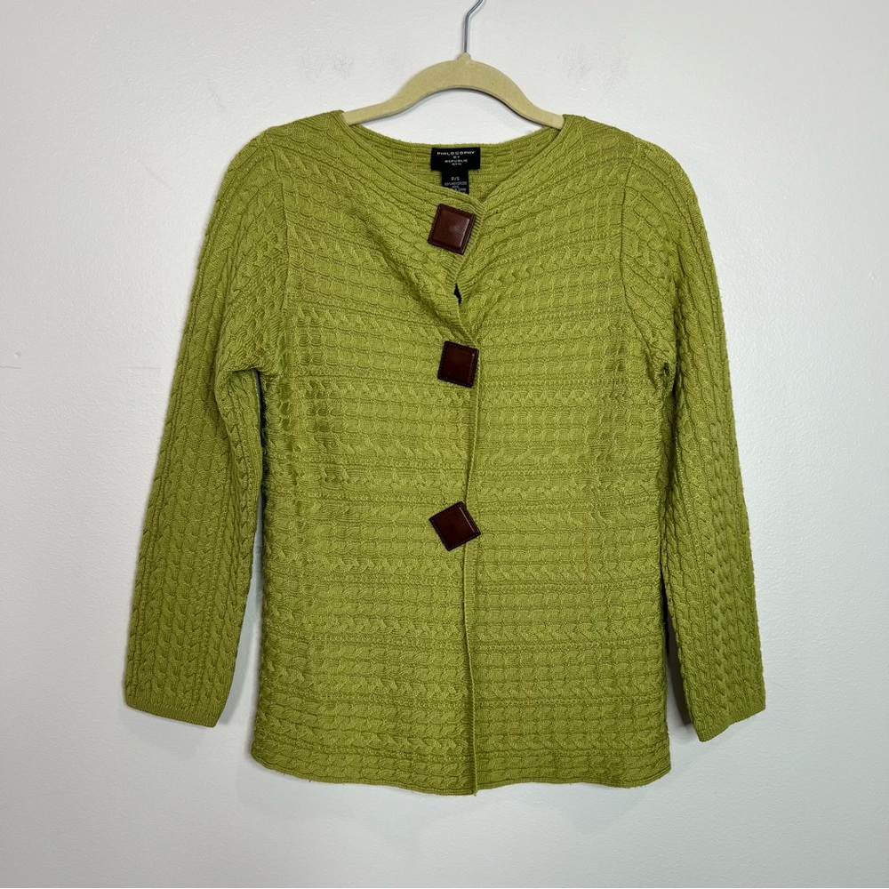 PHILOSOPHY REPUBLIC Lime Green 100% Wool Cardigan Sweater size Small Petite - Picture 14 of 15